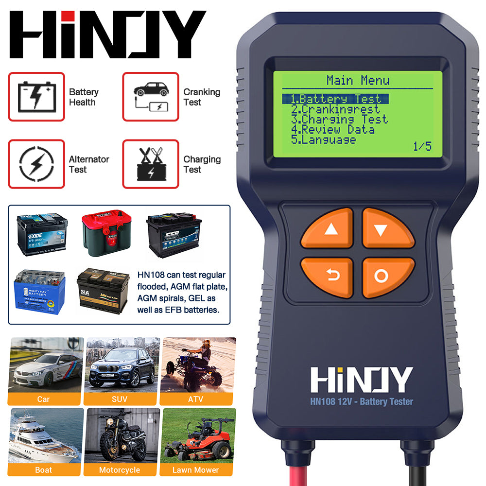 HINOY HN108 Car Battery Tester 12V Load Tester 100-2000 CCA Automotive Alternator Tester Battery Analyzer for Car Truck Marine Motorcycle SUV Boat Plug and Play