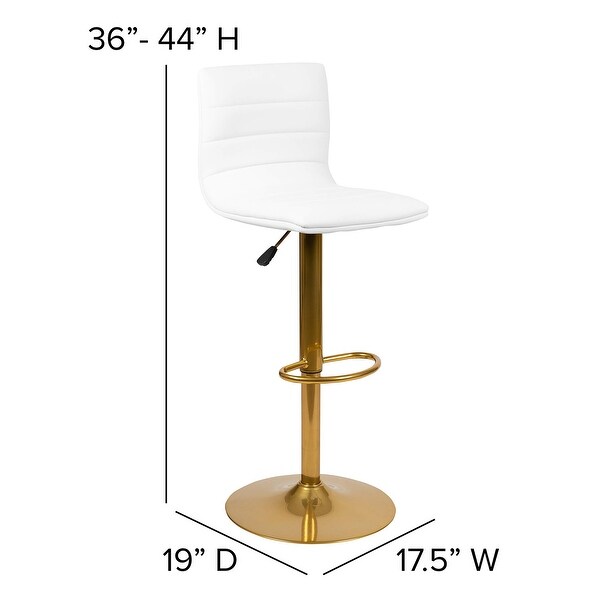 2PK White Vinyl Adjustable Height Barstool w/ Horizontal Stitch Back and Gold Base - as picture