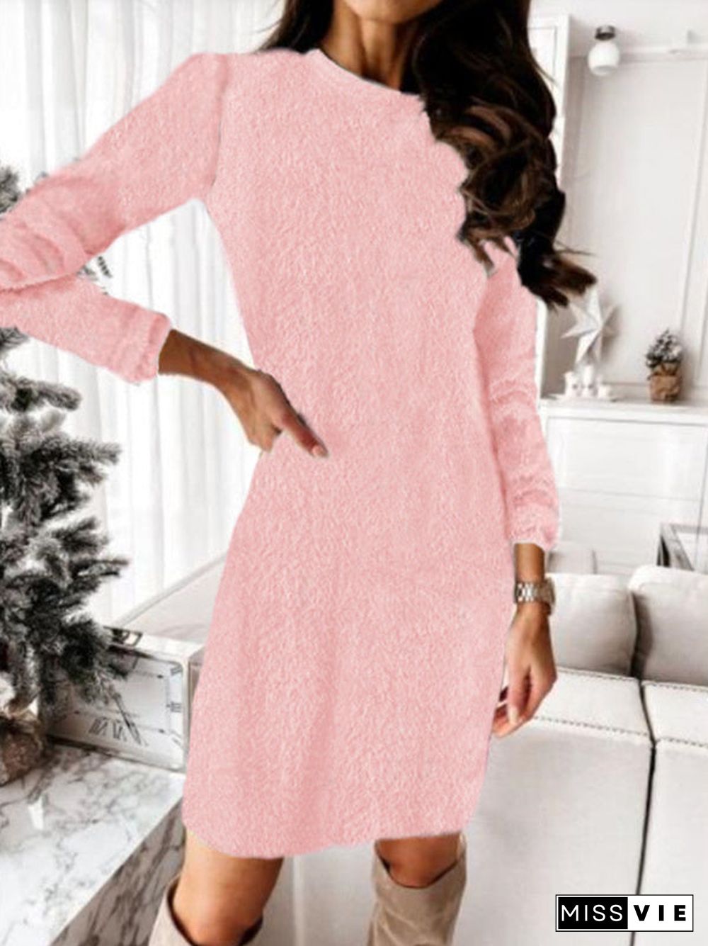 Women Seawter Long Sleeve Scoop Neck Knit Mini Dress