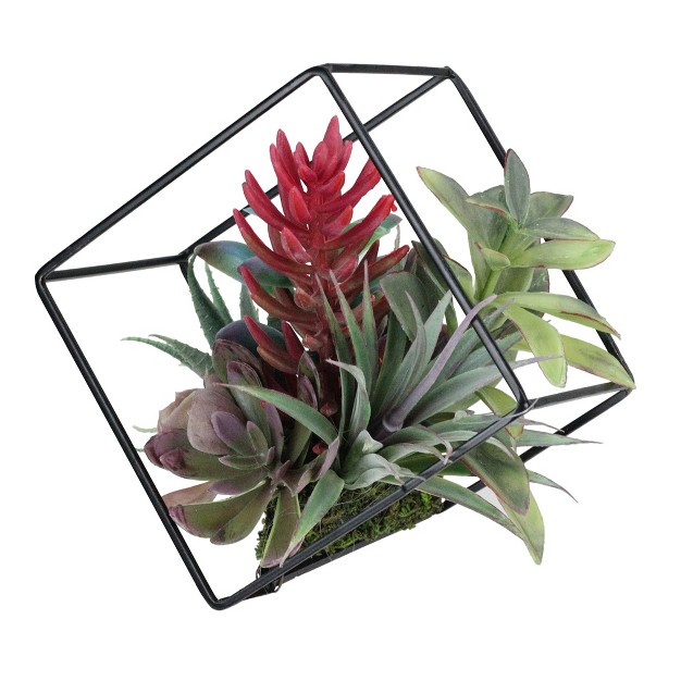 Succulent Artificial Arrangement In Black Wire Terrarium - Green/black