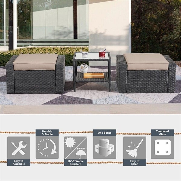 3 Piece Outdoor Ottomans with Glass Coffee Table - Overstock - 37928260