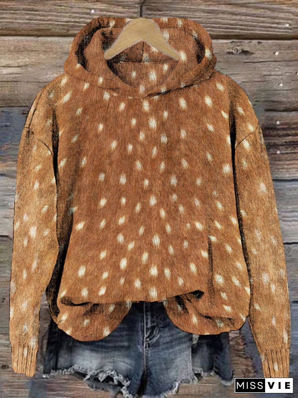 Soft Deer Hide Pattern Vintage Cozy Knit Hoodie