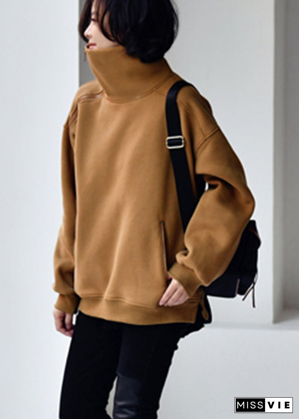 Beautiful Camel Colour Turtleneck Zippered Warm Fleece Thick Sweatshirt Winter