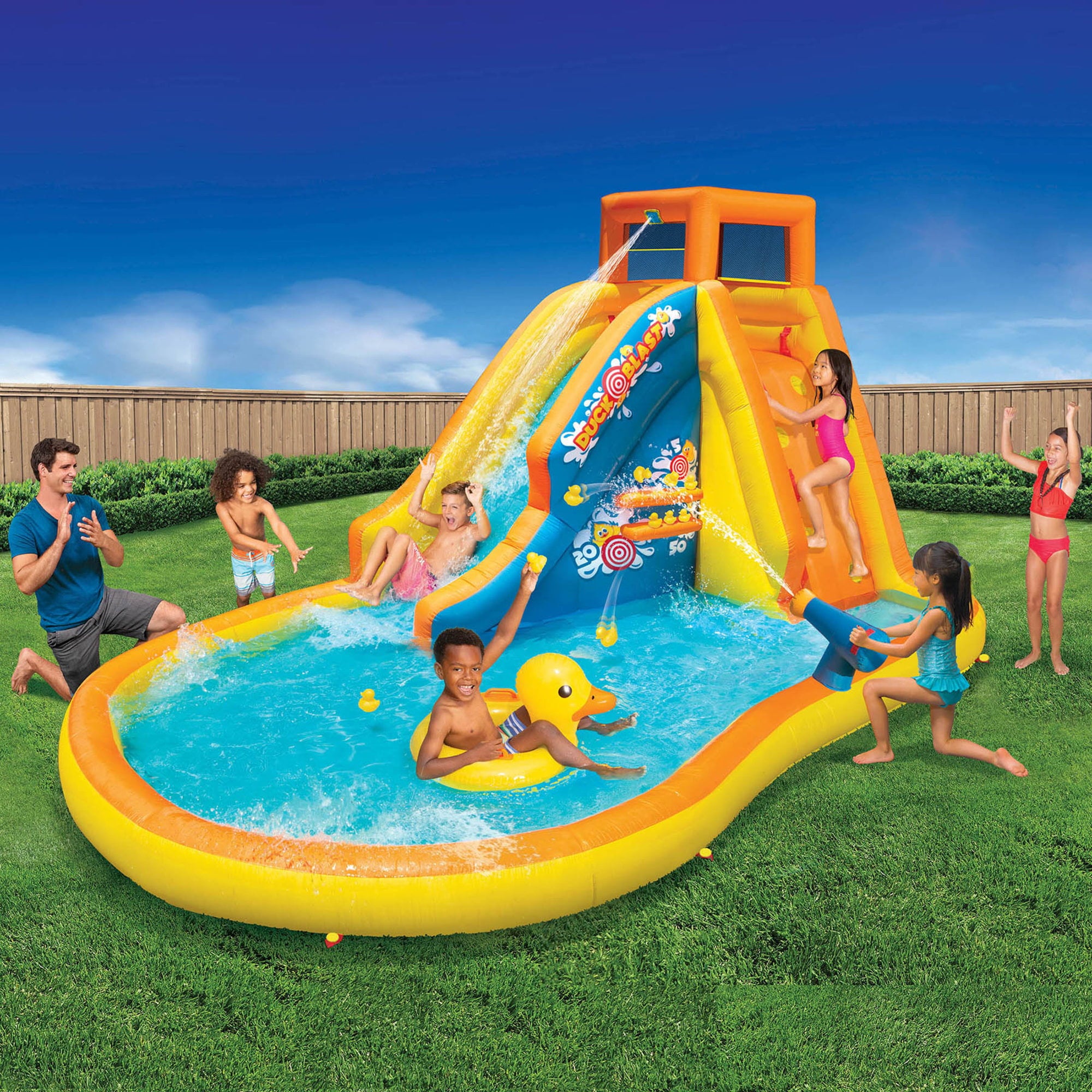 Banzai Inflatable Duck Blast Water Park - Water Blast Cannon & Inflatable Duck Rider