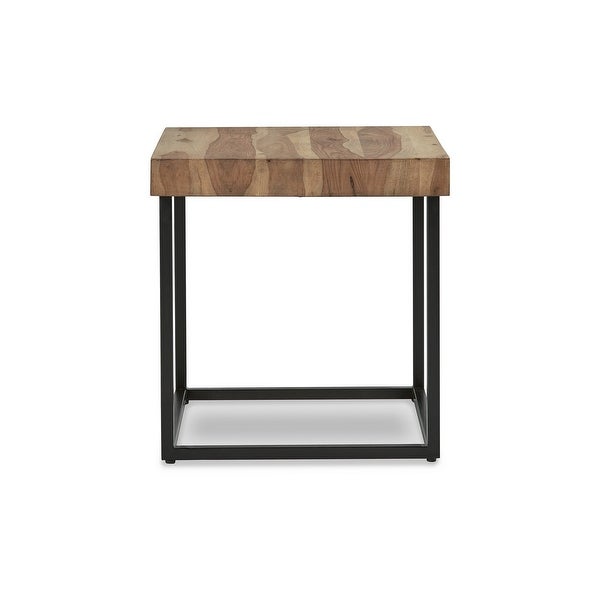 24 Inch Square Side End Table， Natural Brown Wood Top， Black Metal Base