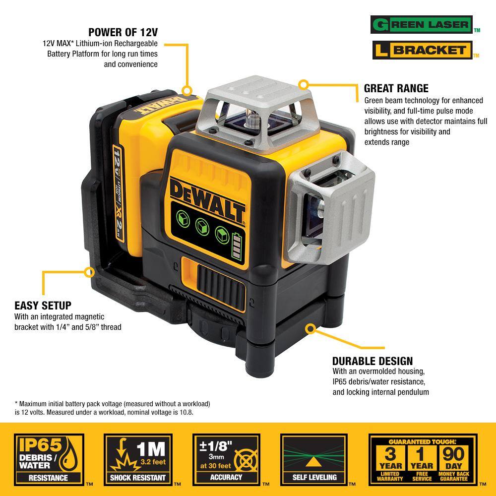 DW Construction Tripod and 12V Maximum Lithium-Ion 100 ft. Green Self-Leveling 3-Beam 360-Degree Laser Level Kit DW0737WDW089LG