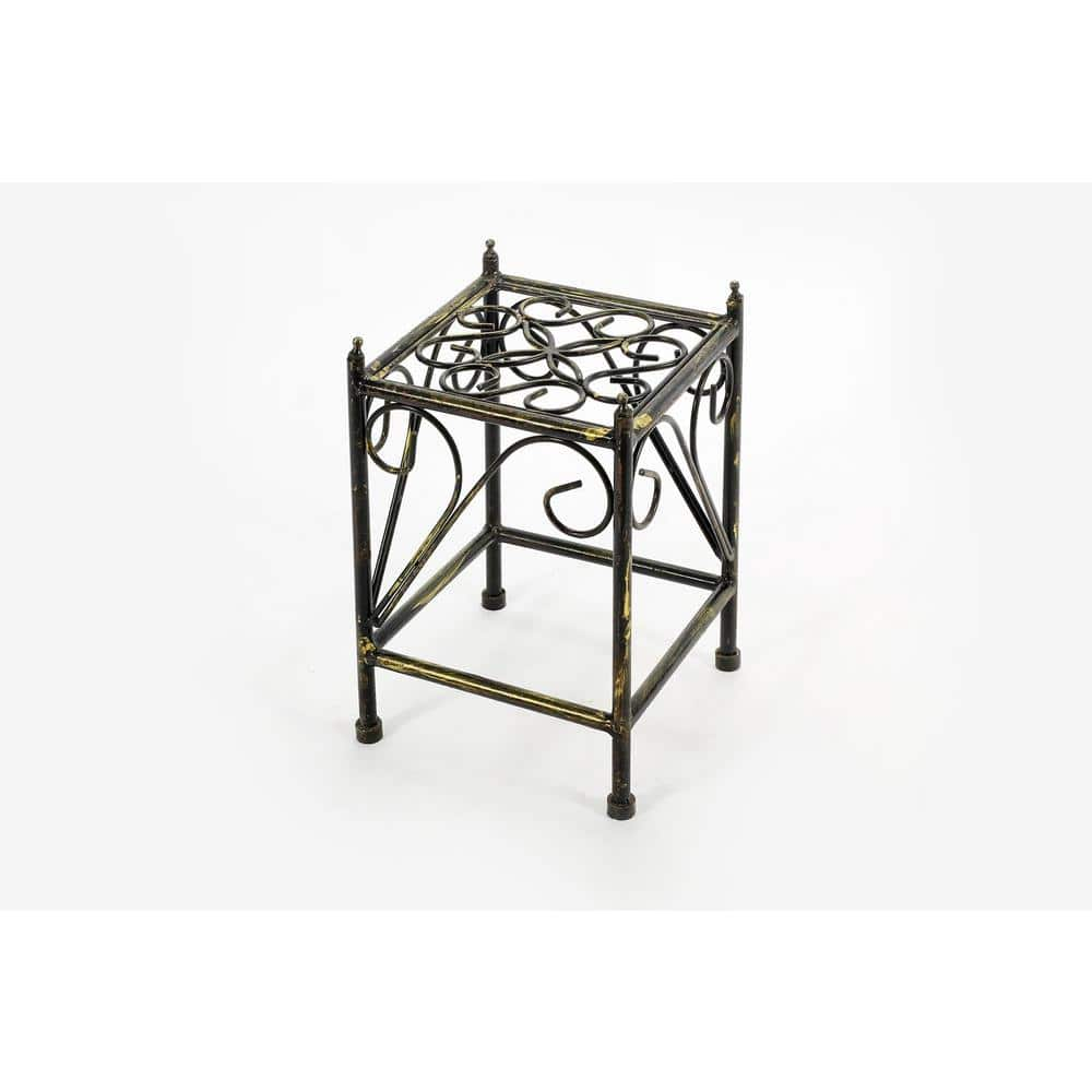 ORE International Small Lattice 13 in. Black/Gold Square Cast Metal Indoor Plant Stand LB-1705B