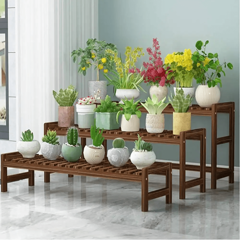 Magshion Set of 3 Pine Wood Plant Stand Cart Tier Step Tall Planters Flower Pot Shelf Display Rack Patio Balcony