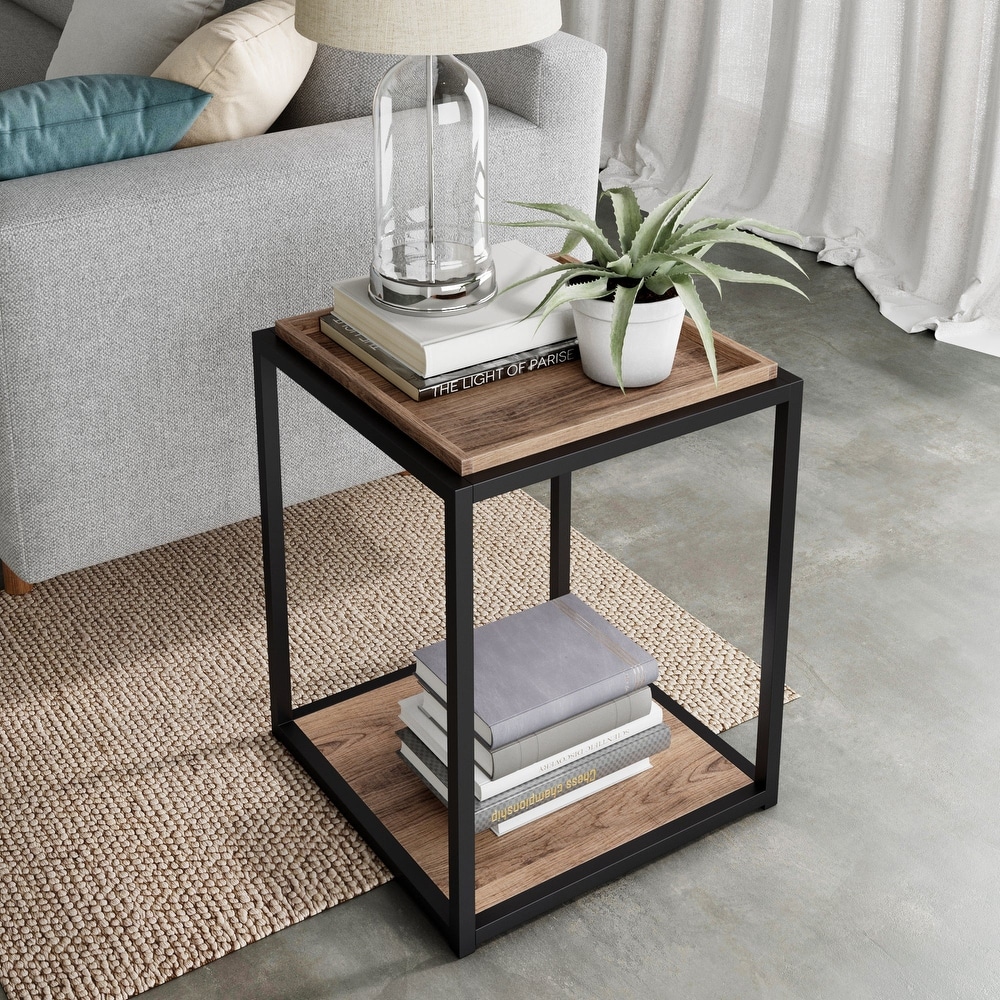 Nathan James Nash End Table with Tray Top Shelves   Metal Frame