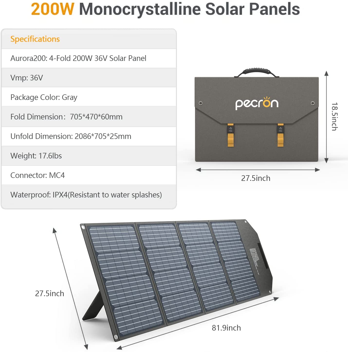 Pecron 200 Watt 36V Solar Panel Foldable Kit Portable Solar Generator Charger with MC4 Connector