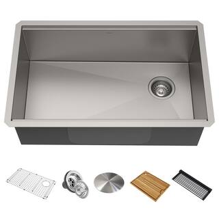 KRAUS Kore Workstation 32-inch Undermount 16 Gauge Single Bowl Stainless Steel Kitchen Sink with Accessories (Pack of 5) KWU110-32