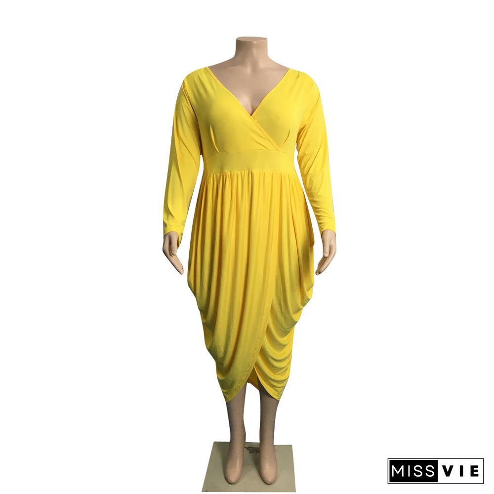 5XL Plus Size Long Sleeve V-neck Pleated Dresses