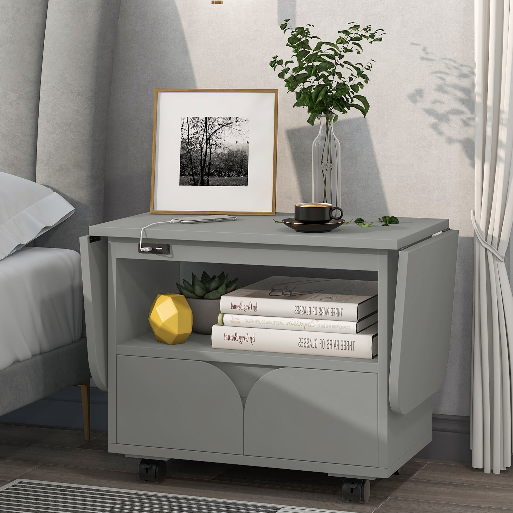 Suzicca Foldable Bedroom Nightstand with 2 Drawers,USB Charging Design,Gray