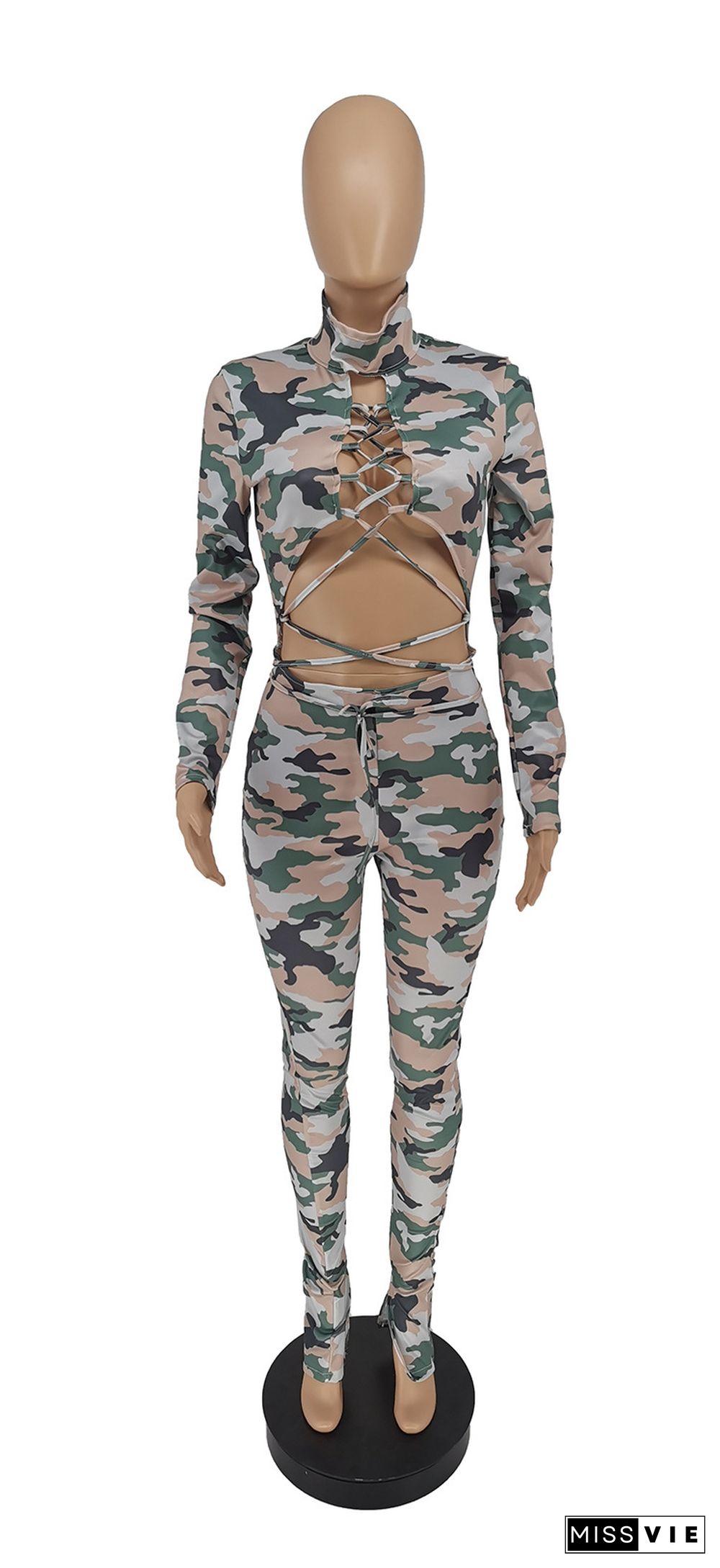 Women Camouflage Lace Up Hollow Out Long Sleeve Jumpsuit