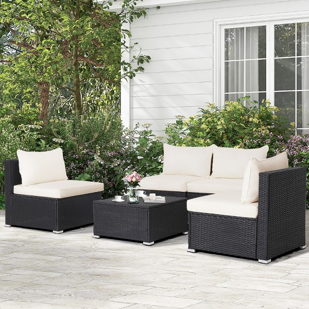 Costway 5pcs Patio Rattan Wicker Furniture Conversation Set Cushioned Sofa Deck