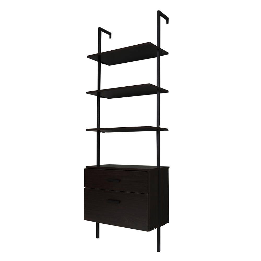 Outopee Industrial 72 in. Black MDF 5-Shelf Standard Bookcase with Wood Drawers 302992574119