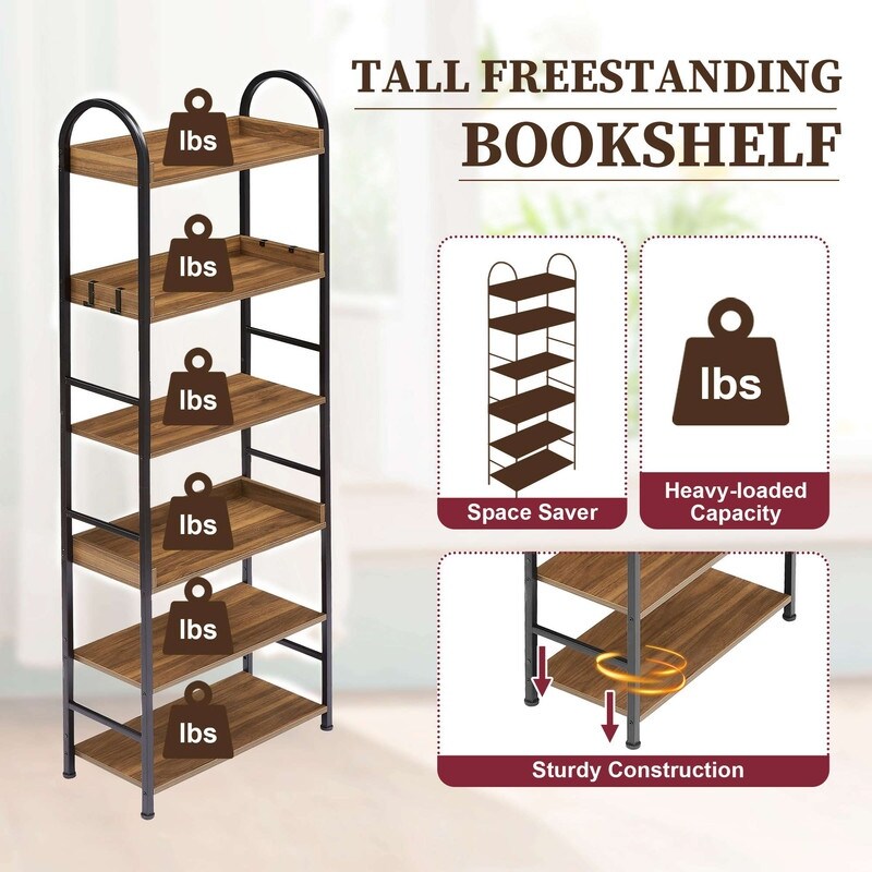 70.8 Inch Tall Bookshelf  6 tier Shelves with Round Top Frame