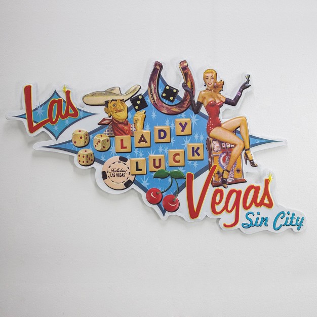 X 12 5 quot Las Vegas Lady Luck Embossed Metal Sign Sky Blue red American Art Decor