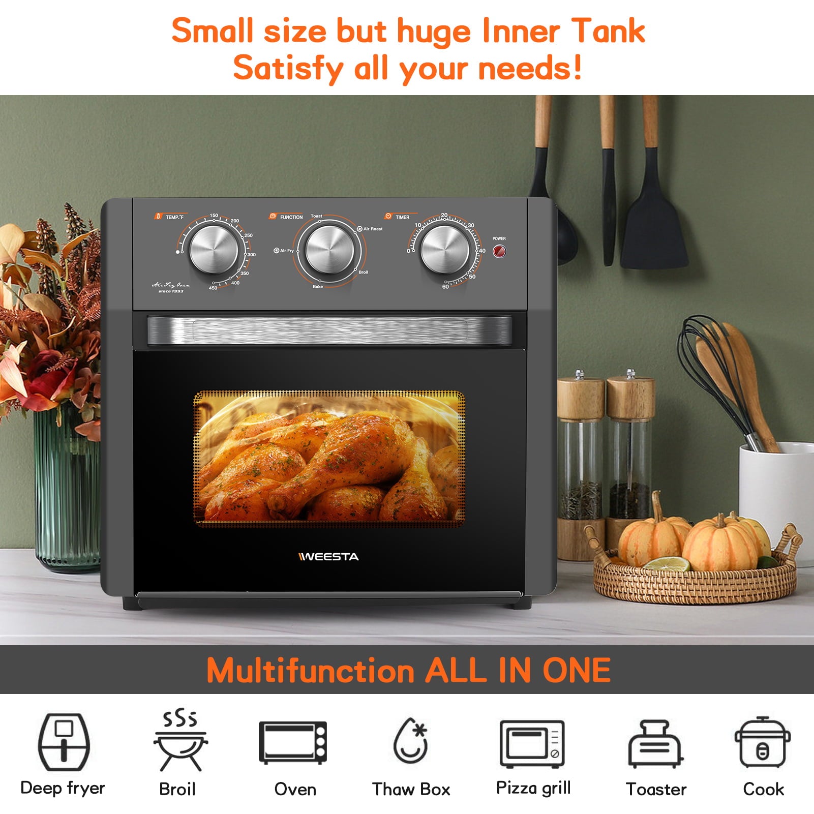 Weesta Air Fryer Toaster Oven, 20 Quart Convection Roaster with Broiler, Rotisserie, Dehydrator, Pizza Oven, Touch Screen 5 in 1 Toaster Oven Combo, with 360° Air Circulation, 1300W