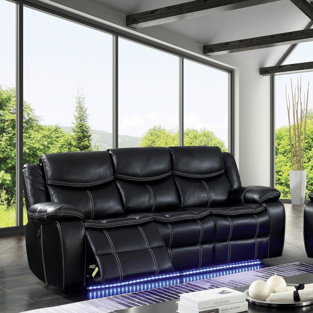 Nic Transitional Black Faux Leather Upholstered Power Reclining Sofa with USB Port by Furniture of America