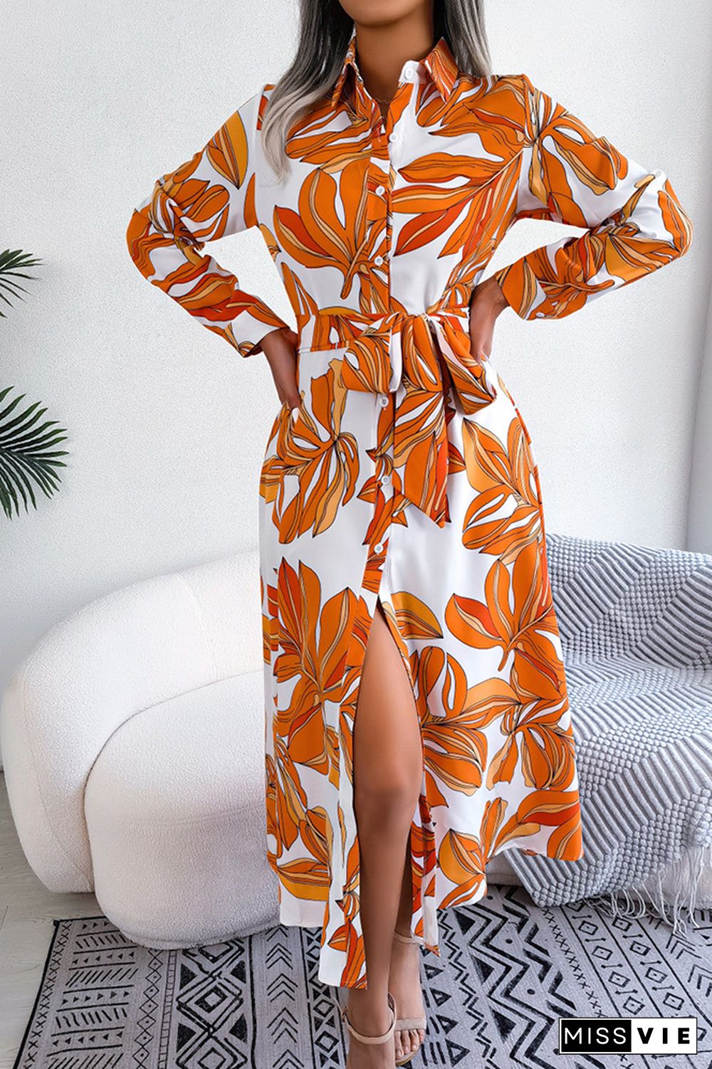 Contrast Print Button UP Split Shirt Dress