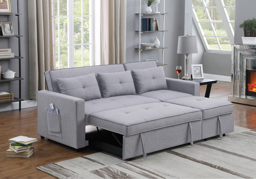 Zoey Linen Convertible Sleeper Sofa With Side Pocket   Transitional   Sleeper Sofas   by Lilola Home  Houzz