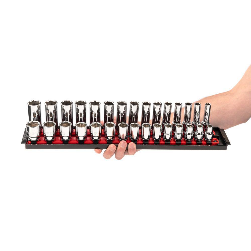 TEKTON 12 in. Drive 6-Point Socket Set with Rails (38 in.-1 in. 10 mm-24 mm) (52-Piece) SHD92213