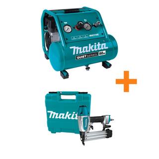 Makita 2 Gal. Quiet Series 1 HP Electric Oil-Free Air Compressor with Bonus Pneumatic 2 in. 18-Gauge Brad Nailer MAC210Q-AF506