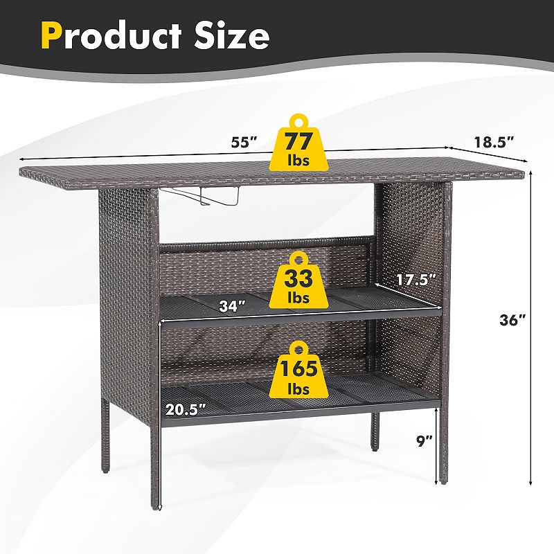 Outdoor Wicker Bar Table with 2 Metal Mesh Shelves