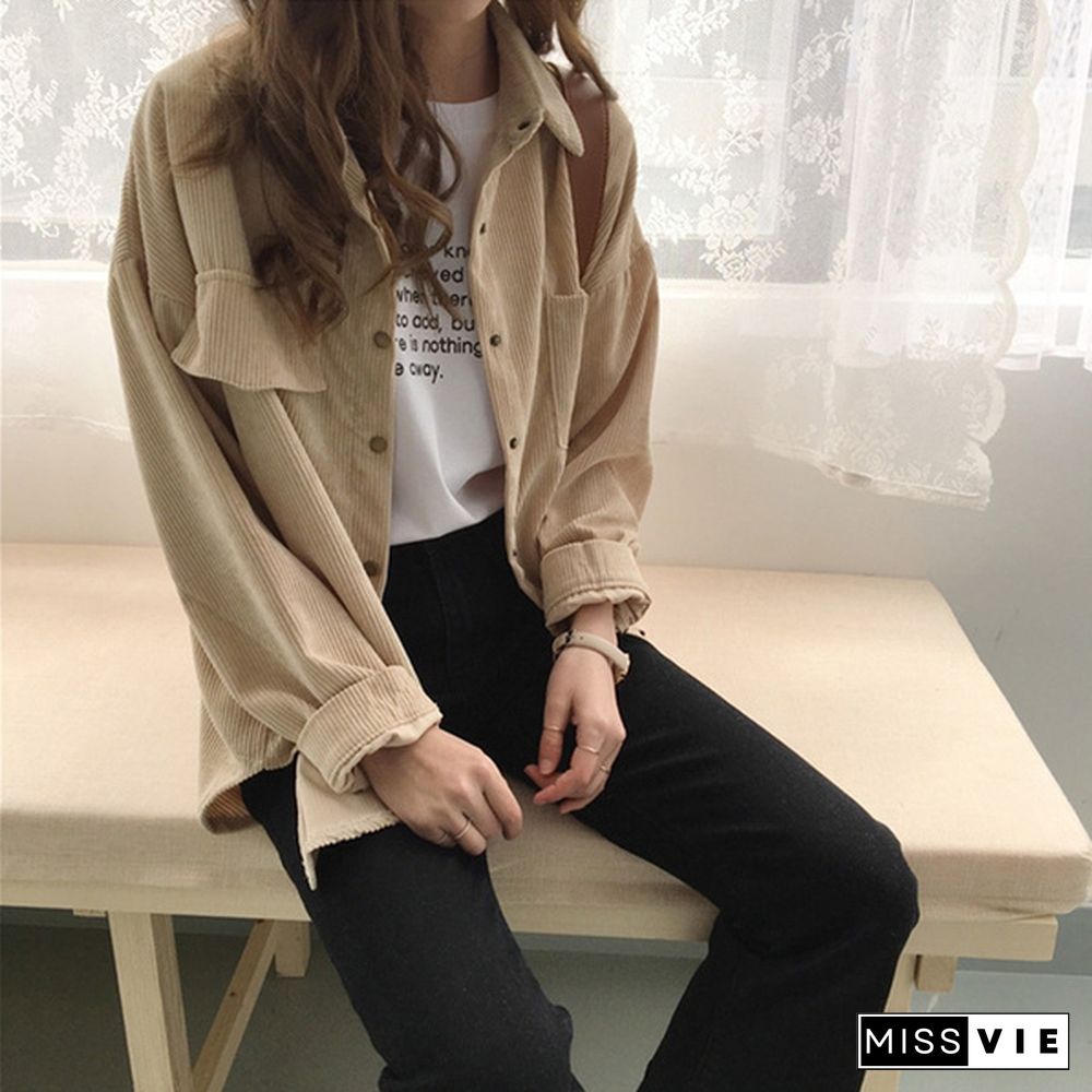 Women Vintage Spring Autumn Loose Shirts Korean Style Solid Color Blouse Long Sleeve Corduroy Coat