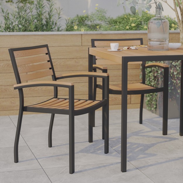 Emma And Oliver Set Of 2 Stackable All weather Black Aluminum Patio Chairs With Faux Teak Slats