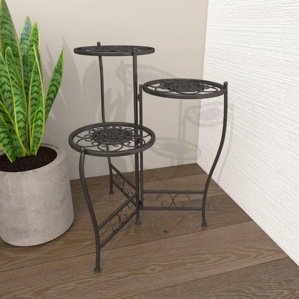 Litton Lane 18 in. Brown Metal Floral Indoor Outdoor 3 Tier Plantstand 41331