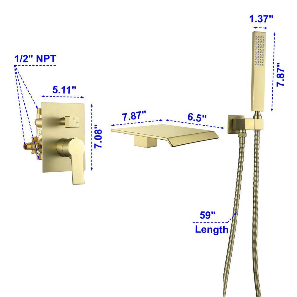 Aurora Decor Aca Single-Handle Wall Mount Roman Tub Faucet with Hand Shower in Brushed Gold (Valve Included) AD-88021BG