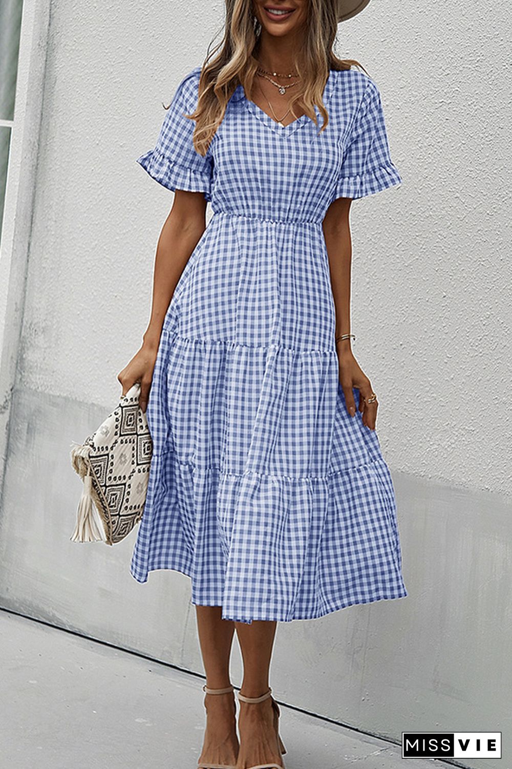 Plaid V-neck Short Sleeve Long Dress Wholesale