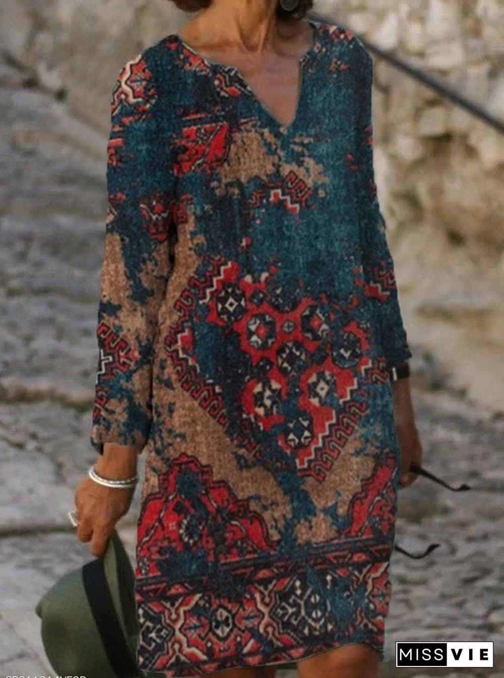 Casual Vintage Geo Print V-neck Long Sleeve Midi Dress Women