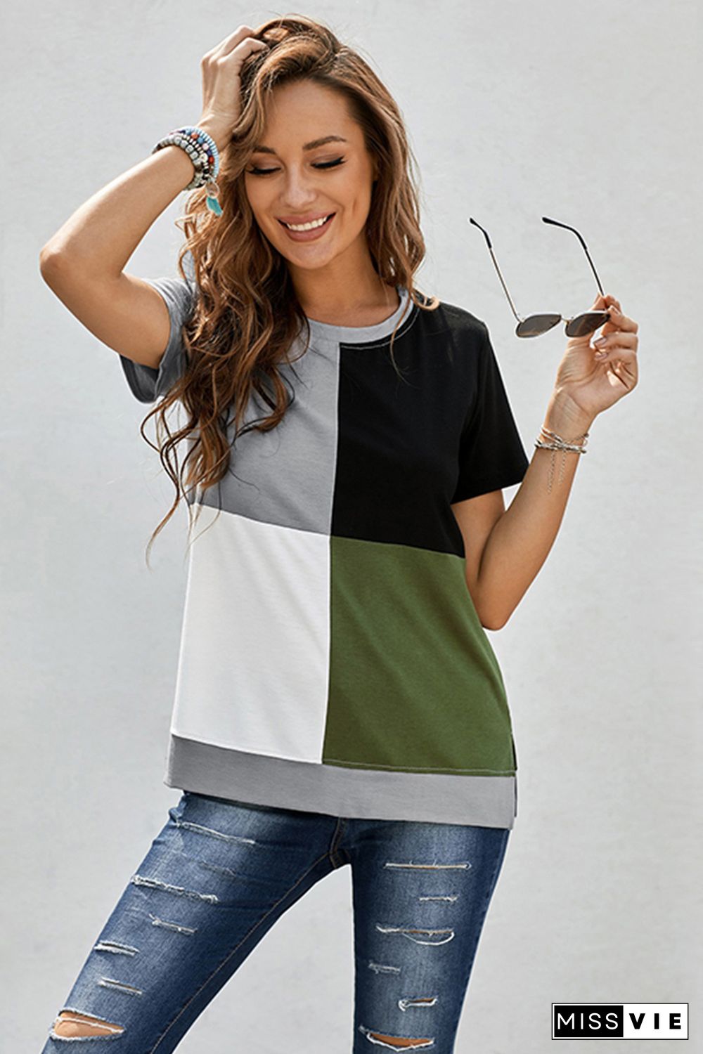 Army Green Colorblock T-shirt with Slits