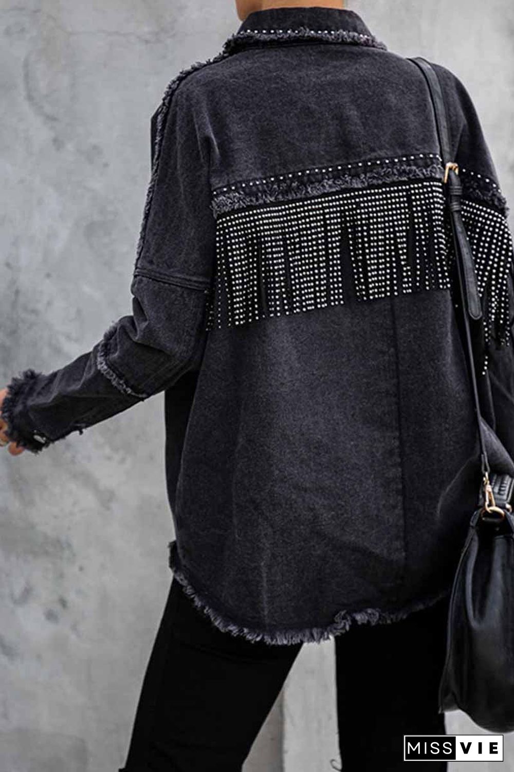 Long Sleeve Fringed Denim Jacket Tops