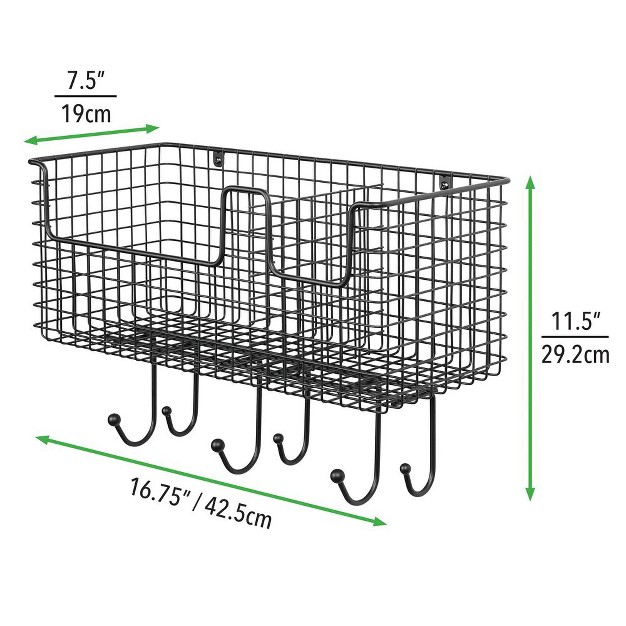 Mdesign Metal Storage Organizer Basket With 6 Hooks Wall Mount