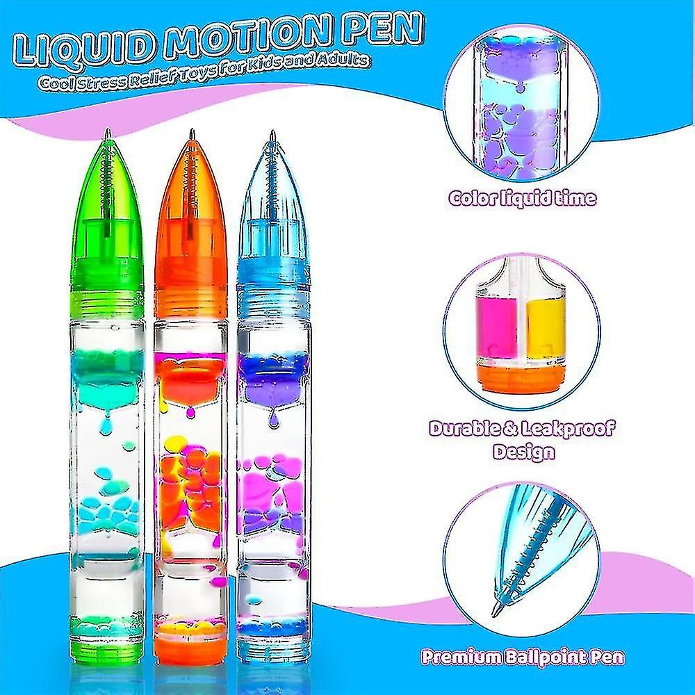 3pcs Liquid Motion Bubbler Pens Toy Colorful Hourglass Pens With Droplet Movement Stress Relief Pain