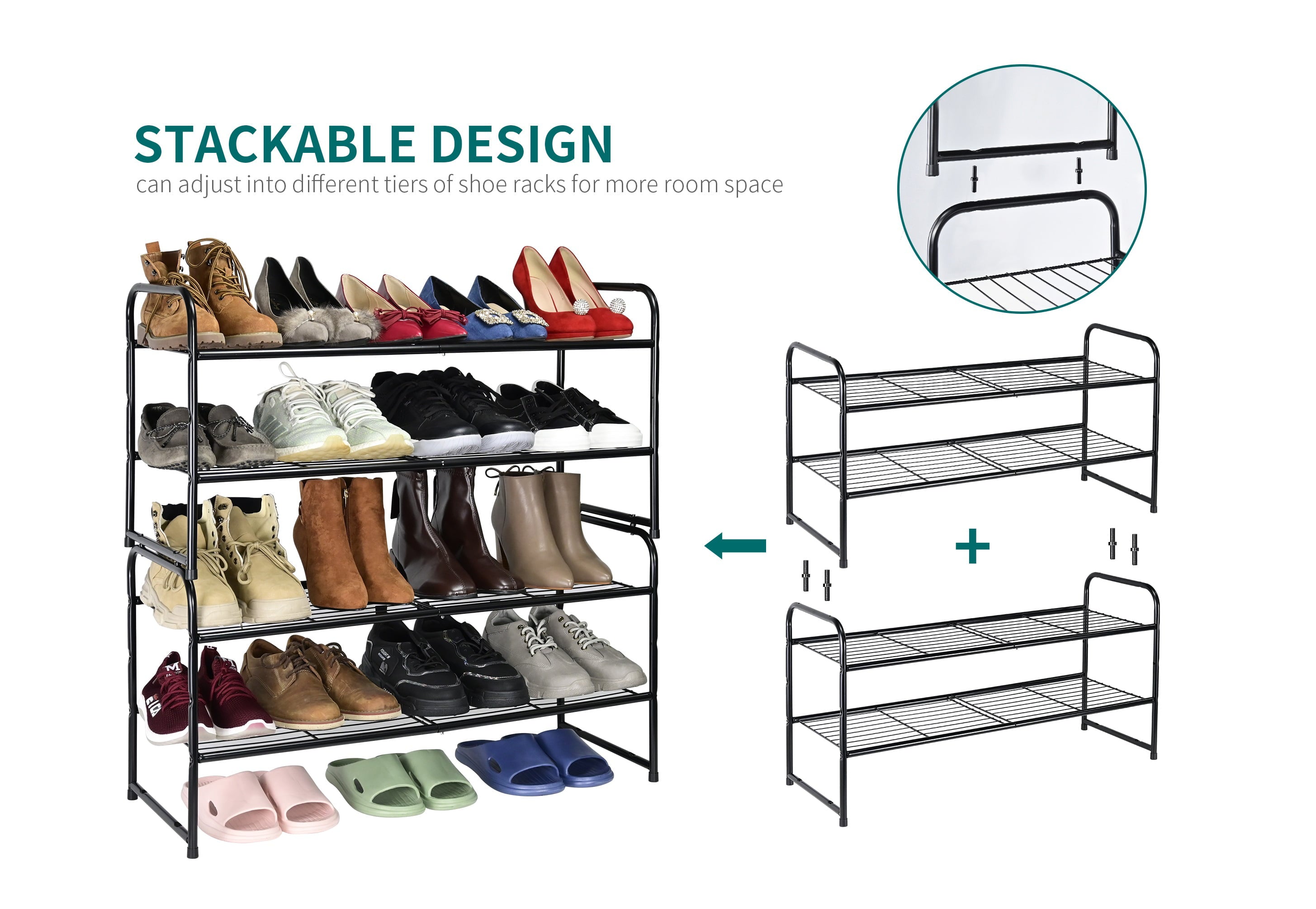 2-Tier Shoe Rack 12 Pair Shoe Shelf Storage Organizer Stackable and Adjustable， Black