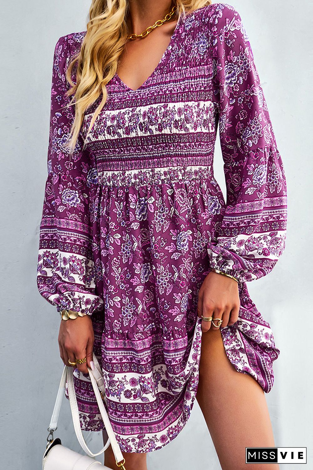 V Neck Smocked Boho Floral Long Sleeves Dress