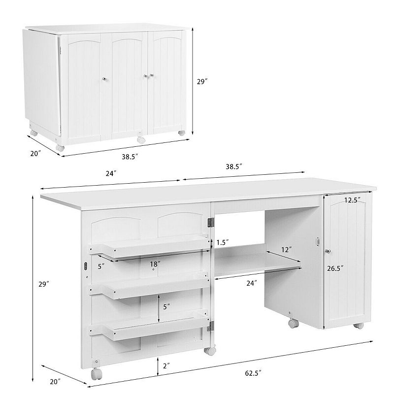 Folding Sewing Table Shelves Storage Cabinet Craft Cart with Wheels