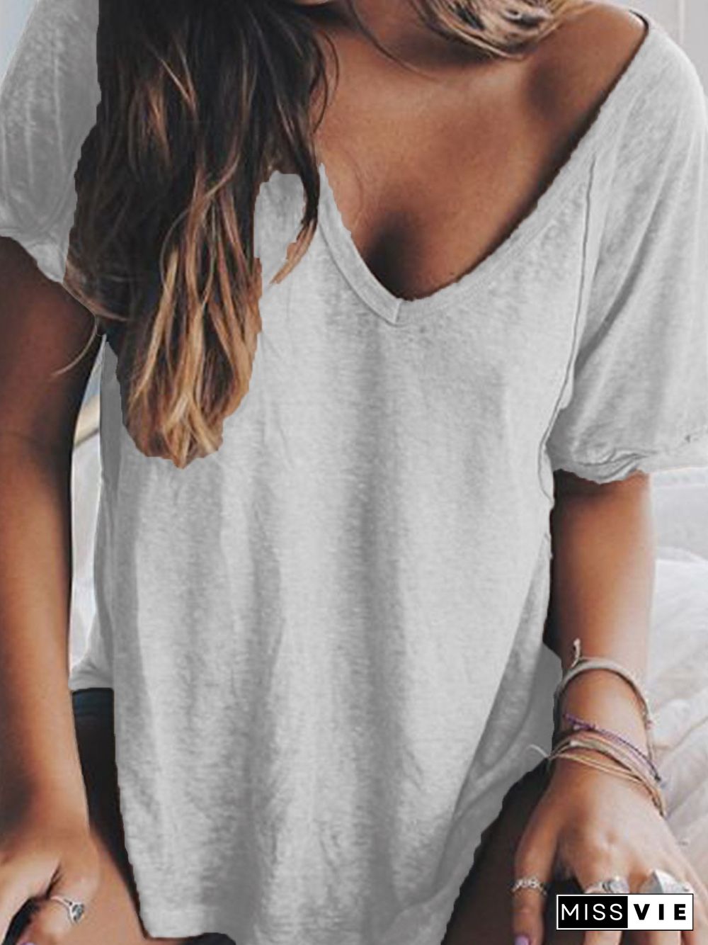 Woman Summer Casual V neck Loose T Shirt Tops