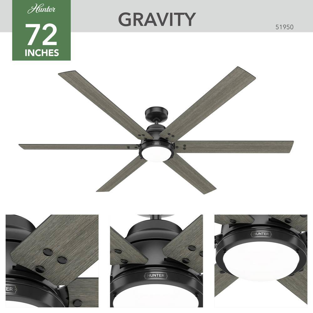 Hunter Gravity 72 in. Integrated LED Indoor Matte Black Smart Ceiling Fan with Light Kit and Remote Included 51950