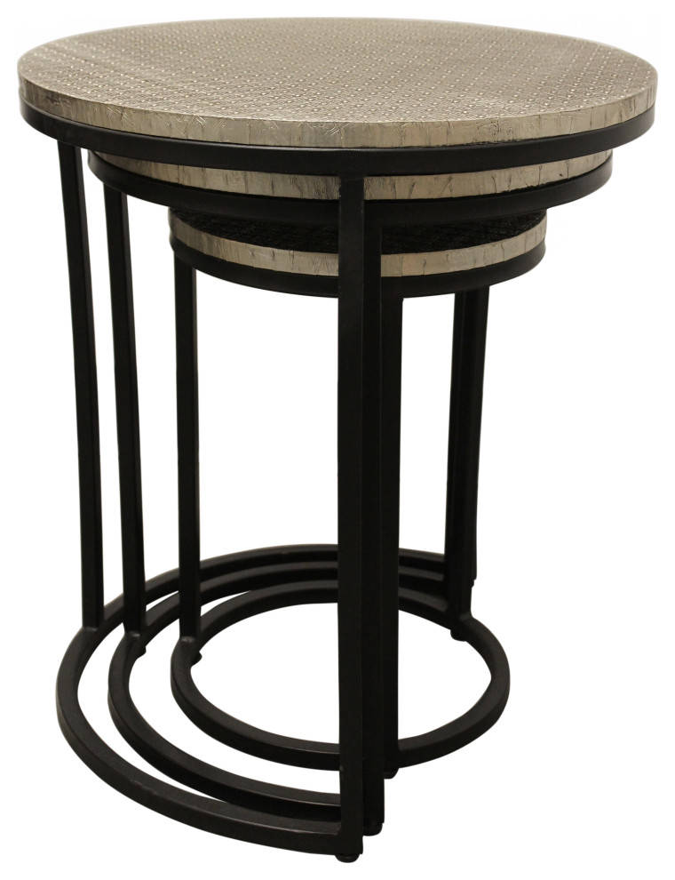 Meenal Metal Cladded Top Round Nesting Table  Silver   Industrial   Coffee Table Sets   by Moti  Houzz