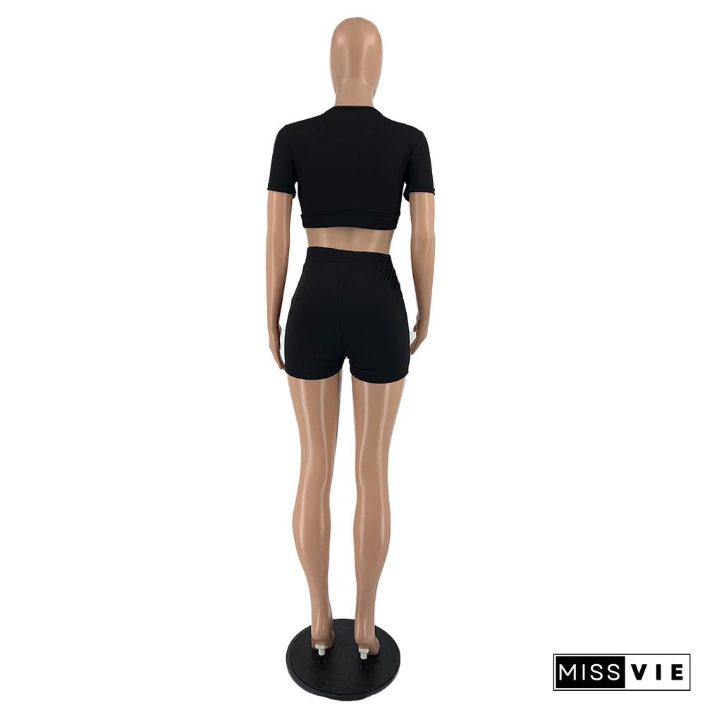 Cut Out Tee Shirt Crop Tops Running Shorts Set 2 Pieces