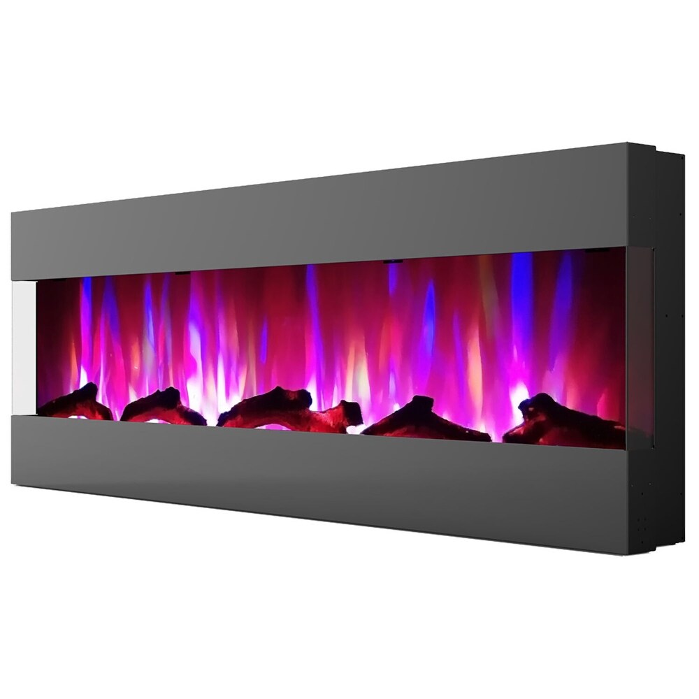 Hanover Fireside 60 In. Recessed/Wall Mounted Electric Fireplace with Logs and LED Color Changing Flame Display  Black   60 Inch