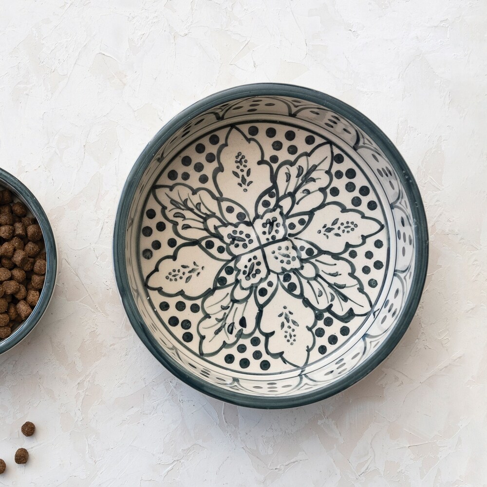 Hand Painted Stoneware Pet Bowl with Botanical Design   9.0\