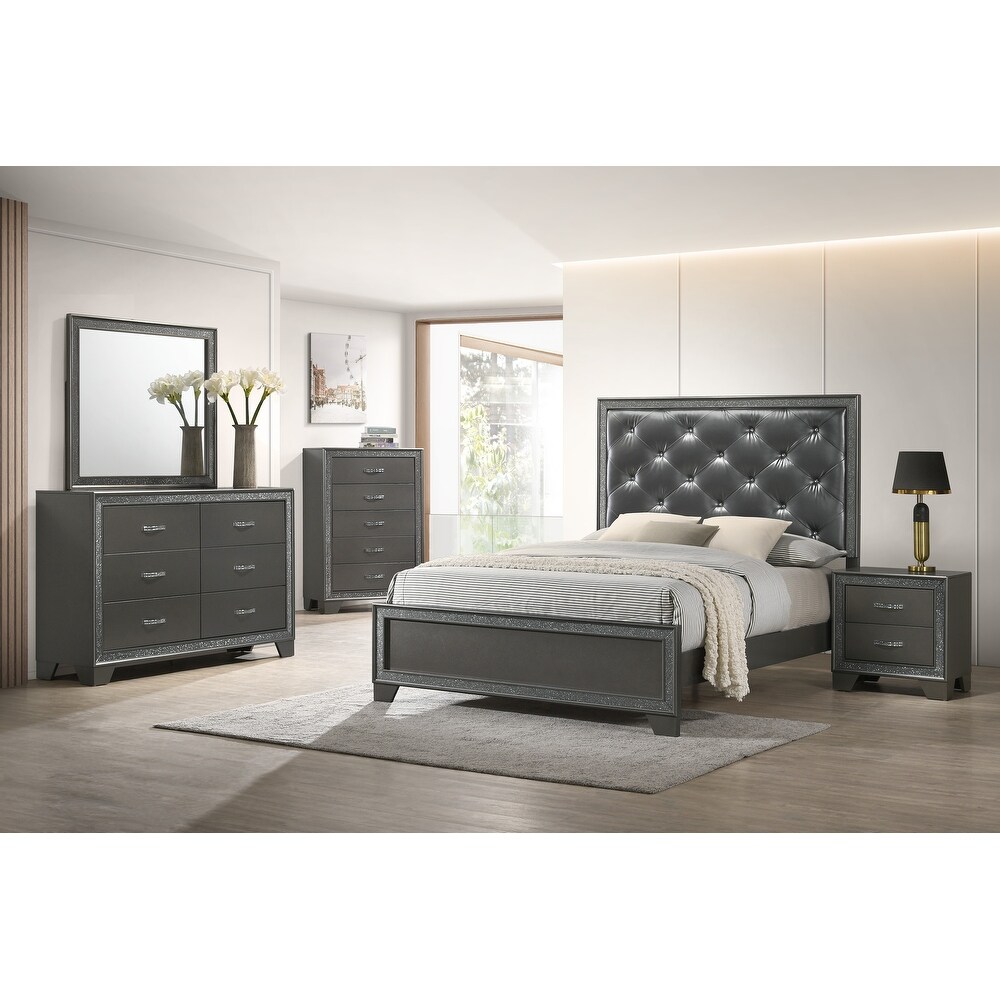 Hoyt 6 Piece Dark Gray Faux Leather Upholstered Tufted Panel Bedroom Set