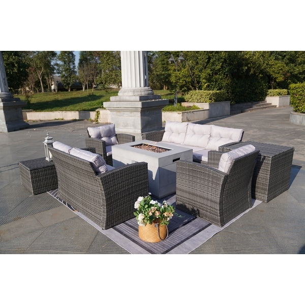 7Piece Outdoor Wicker Conversation Sofa Set with Fire Pit